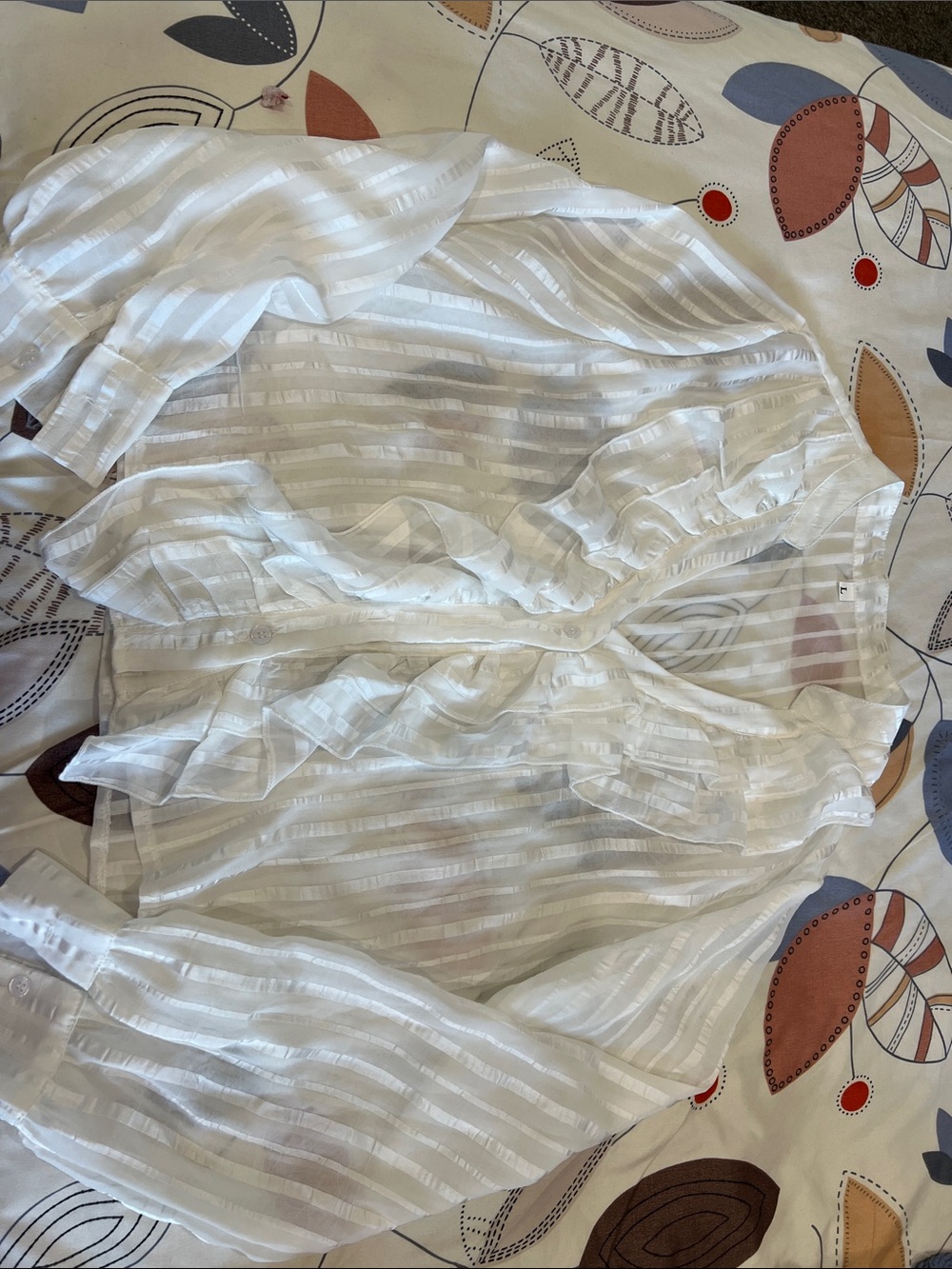 SHEIN White Sheer Striped Ruffle Button-Up Blouse